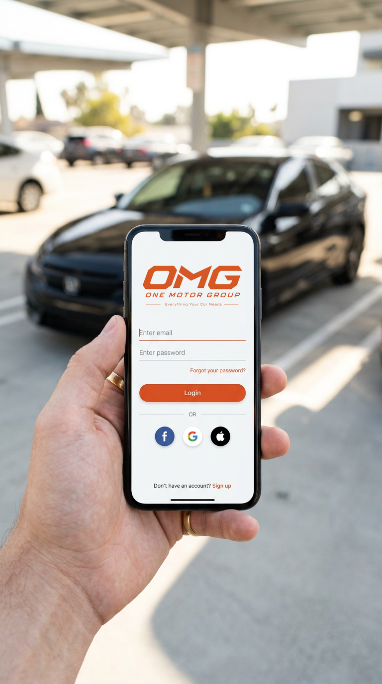 Hand holding a phone showing the OMG app login screen in a parking lot