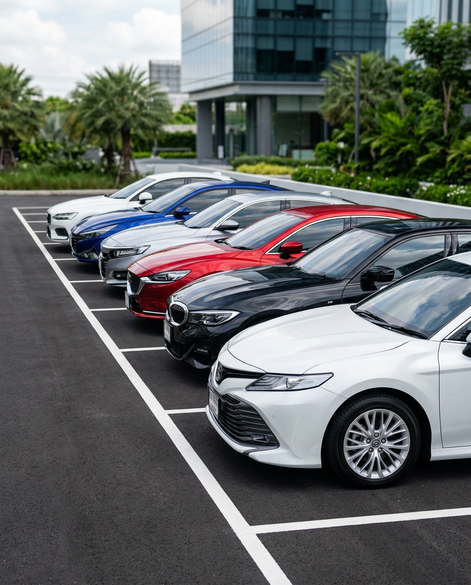 Row of freshly detailed cars from different brands lined up side by side